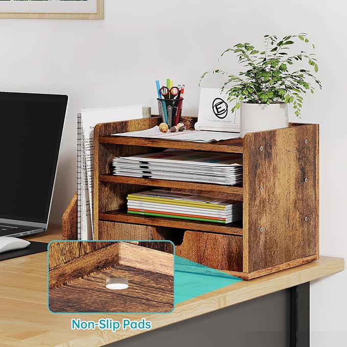 Wood Desk File Organizer with Side File Rack, Space-Efficient Design Easy to Assemble for Efficient Office Setup, Reduces Desk Clutter (Brown)