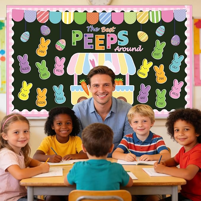 Easter Bulletin Board Decorations, 76pcs Spring Easter Classroom Decorations Set, Easter Eggs Bunny Cutouts Easter Bulletin Board, Peeps Decorations School Classroom Home Office Spring Easter Decor