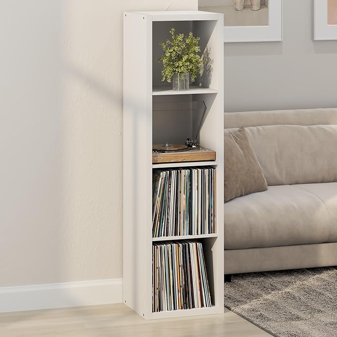 Furinno Cubicle Record Player Stand with Vinyl Storage, 4-Cube 1.2 Extra Thick Vinyl Record Storage, Open Back Media Shelf for CD DVD Blueray Game Disc, for Living Room, Home Office, White