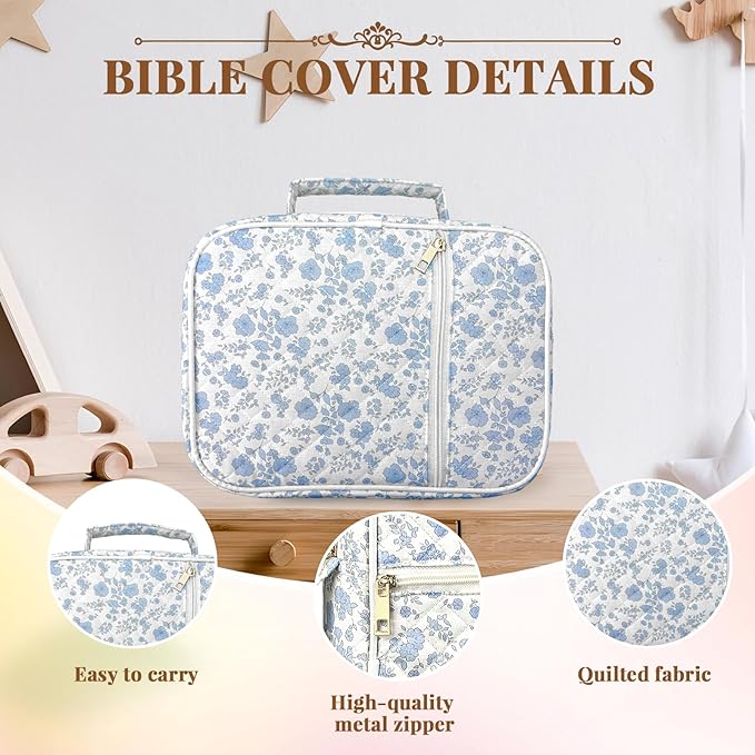 Bible Cover Case for Women,Bible Study Supplies Accessories,Bible Journaling Kit,Blue Flower Carrying Case with Highlighters