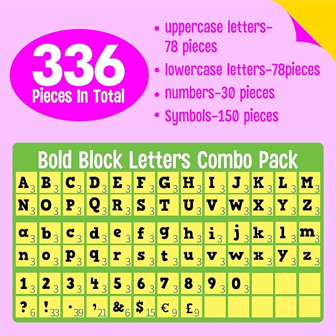 336 PCS Alphabet Combo Set, Large Size Block Letter Uppercase/Lowercase Letters, Numbers & Punctuation, Accents Cutouts for Classroom School Home Room Chalkboard Bulletin Board