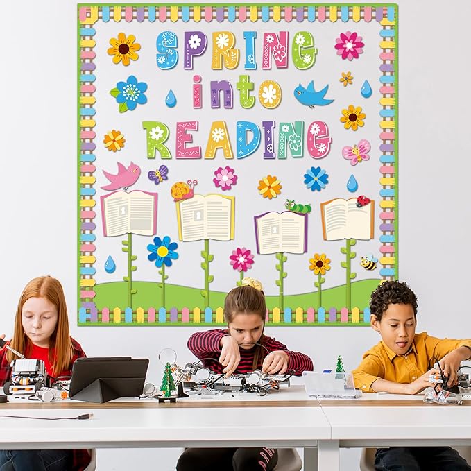 gisgfim Spring Reading Bulletin Board Decorations Set Classroom Spring Into Reading Bulletin Board Butterflies Flowers Cutouts Bulletin Board Borders Decor for School Library Chalkboard Wall(Spring)