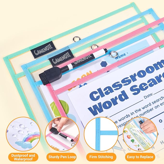 Gamenote 30 Pack Pastel Dry Erase Pockets with 5 Rings, 10 Assorted Colors Macaron 10x14 Oversized Reusable Plastic Sleeves, Clear Sheet Protectors, Teacher Supplies for Classroom Organization