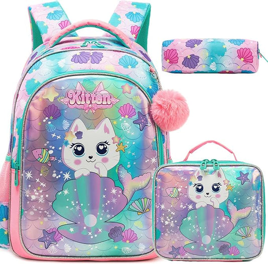 School Backpack for Girls 8-12 Backpacks for Girls Backpack with Lunch Box Kids Bookbag for School Aesthetic Backpacks for Elementary Middle Pink Schoolbag for Girl