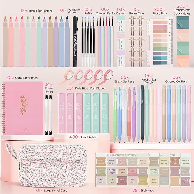 76PCS Bible Study Supplies Kit for Women, Journaling Set with No Bleed Highlighters, Laminated Bible Tabs,Notebook, Quilted Pencil Case, Bible Accessories Set Beginner Christian Gifts