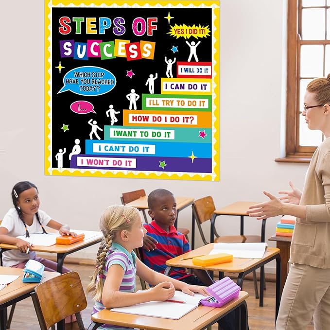 Motivational Bulletin Board Decoration Set Positive Classroom Decor Steps of Success Paper Cutouts Educational Sayings Accents for Back to School Elementary Home Wall Door Supplies