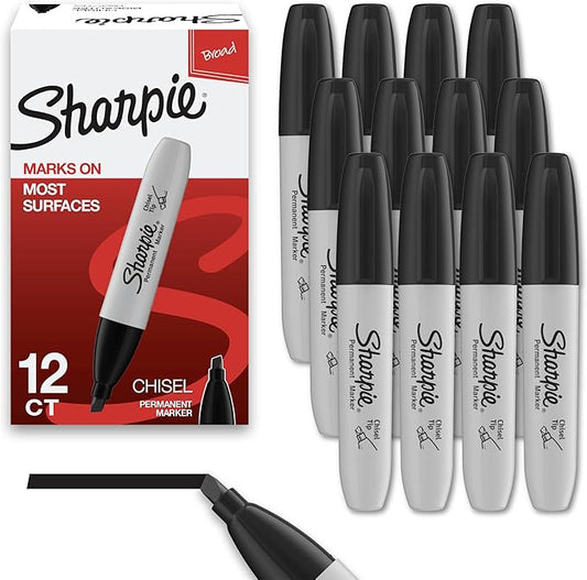 Sharpie Permanent Markers, Chisel Tip, Black, 12 Count - School, Desk, Office Supplies