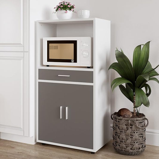 Microwave Stand with Drawer - Rolling Storage Cabinet with Doors and Locking Wheels - Freestanding Kitchen Storage by Lavish Home (White and Gray)