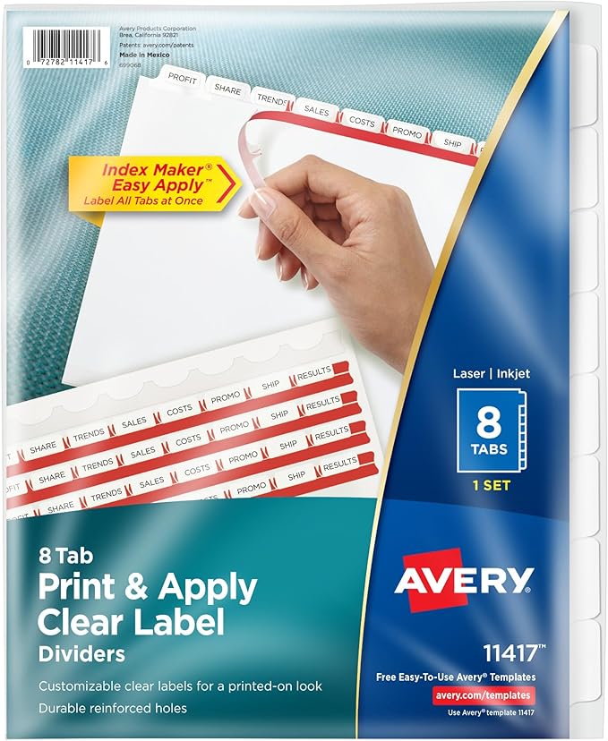 Avery 8 Tab Dividers for 3 Ring Binder, Easy Print & Apply Clear Label Strip, Index Maker Customizable White Tabs, 1 Set (11417)