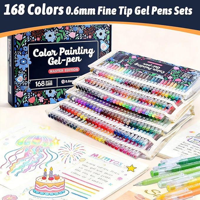 168Pcs Colored Gel Pens, 162 Colors 0.6mm Fine Point Gel Pens Colored Set for Adult Coloring Books, Journal Pen Markers for Coloring, Journaling Supplies, Writing Drawing Note Taking Office Home