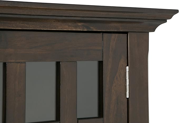 SIMPLIHOME Bedford Storage Cabinet - 32 inch Wide Solid Wood Low Media Cabinet in Dark Tobacco Brown, Transitional Console for Living Room, Entryway, or Dining Room with Glass Doors and Shelves