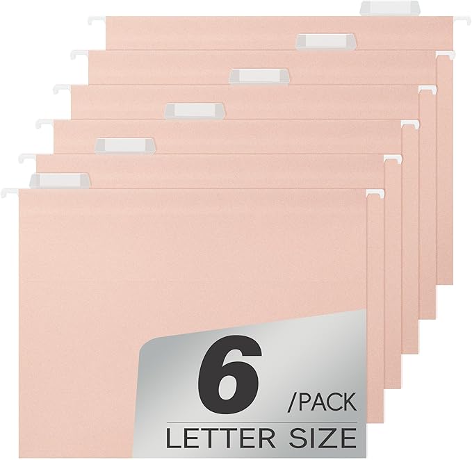 Peachy-Pink Hanging File Folders,Letter Size,1/5-Cut Adjustable Tabs,6 Per Box,-1/5 Tabs