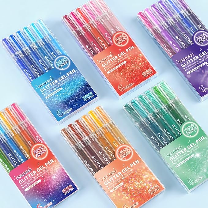 Xmusk Glitter Gel Pens, 6 Colors Double Shining Colors Red Glitter Metallic Gel Ink Pen with 1.0 mm Large Capacity Smooth Writing Color Pens for Adult Coloring Note, Drawing, Art Supplies