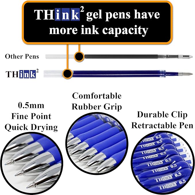 [24 Pens - Blue Ink] Think2 Retractable Gel Pens. (24 Blue) Fine Point (0.5mm) Rollerball Pens with Comfort Grip.