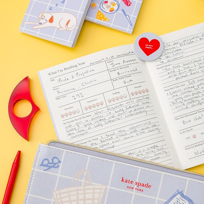 kate spade new york Reading Kit Set with Book Journal, Ballpoint Pen, Book Holder, Novelty Decision Coin, and Zipper Canvas Pouch (Park Picnic)