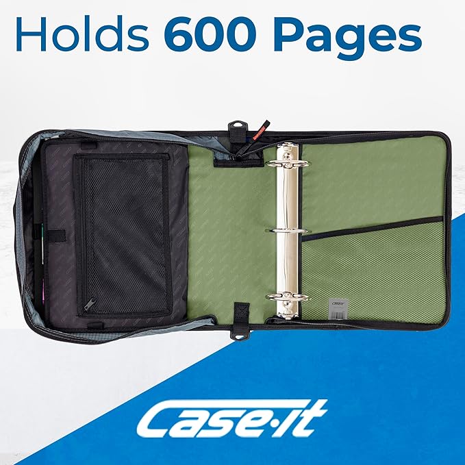 Case-it Mighty Zip Tab School Zipper Binder | 3-Inch O-Rings, 600-Sheet Capacity, 5-Subject Expanding File Folder, Multiple Pockets & Storage Organizer, Shoulder Strap | D-146 Key Lime