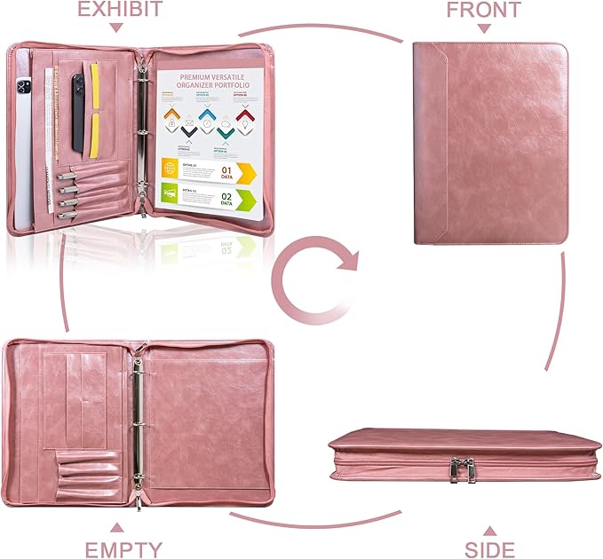 Rose Gold Padfolio,Vegan Leather Portfolio for Women,3-Ring Binder with Zipper, A4 Planner Binder with Laptop Pocket,Legal Size Portfolio,WorkBinder Organizer for Women and Girls
