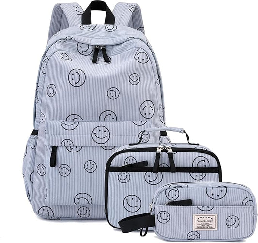 Backpack for Girls Boy Teen Corduroy Bookbags Elementary Middle High School Women Laptop Bag with Lunch Box Pencil Bag (Smile Blue)