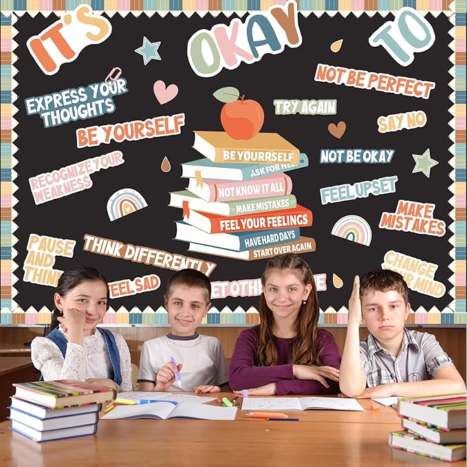 Boho Motivational Bulletin Board Set Welcome Back to School Inspirational Positive Affirmations Accents Cutouts It's OK to Mental Health Posters for School Office Home Classroom Decoration Supply