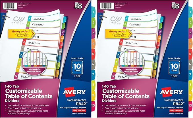 Avery Dividers for 3 Ring Binders,10 Tabs per Set,Customizable Table of Contents,Multicolor Arched Tabs,Great for Organizing Reports,Projects,and More (11842),(Pack of 2)