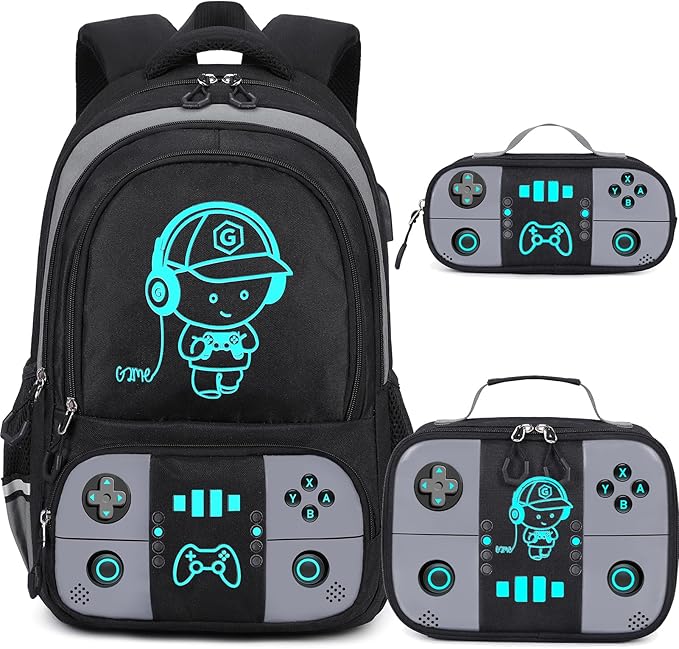 Bevalsa Backpack for School Boys, Cool Luminous Gamer Boys Backpack with Lunch Box & Pencil Pouch Set for Kids Children Teens Elementary Middle Schools, Schoolbag Bookbag Glow In The Dark (Grey)