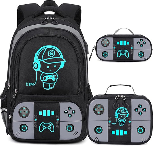 Bevalsa Backpack for School Boys, Cool Luminous Gamer Boys Backpack with Lunch Box & Pencil Pouch Set for Kids Children Teens Elementary Middle Schools, Schoolbag Bookbag Glow In The Dark (Grey)