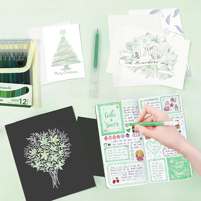 12 Green Glitter Gel Pens Set, 1.0 mm Fine Point for Black Paper & White Paper, Large Capacity Pens for Journaling, Adult Coloring Books, Drawing, Note Taking, Highlighting