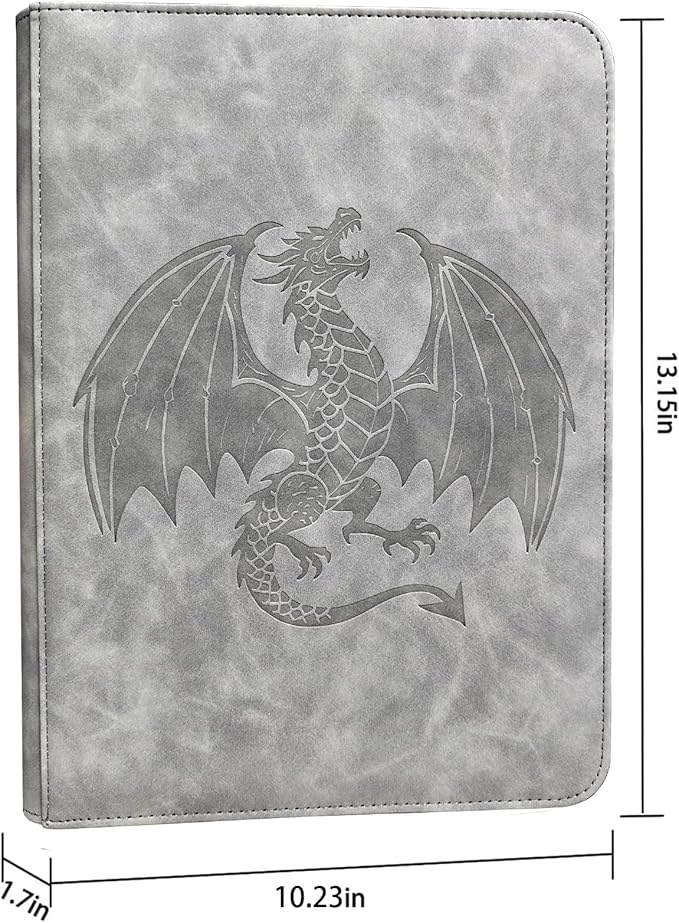 Tranding Card Binder, Premium 9-Pocket Album with 540 Fixed Side-Loading Pockets, PU Waterproof, Embossed Dragon Cover, Gray Holder for Game, Sports, Business, and Coupon Cards