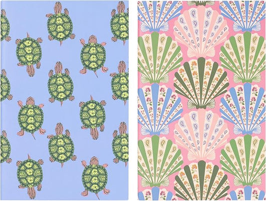 Set of 2 Soft Bound 6.25" x 4" Mini Stitched Coastal Theme Notebooks (Cottage Shells)