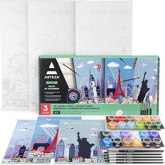 ARTEZA Paint by Numbers Kit – 8x16 in Tri-Panel Cities Scene with 3 Canvas Panels, 24 Acrylic Colors & 5 Brushes, Art Kit for Advanced Artists