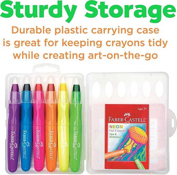 Faber-Castell Neon Gel Crayons: 6 Jumbo Drawing Sticks in a Durable Storage Case: Toddler Art Supplies for Coloring, Twistable Crayons for Kids Drawing Supplies (Ages 3+)