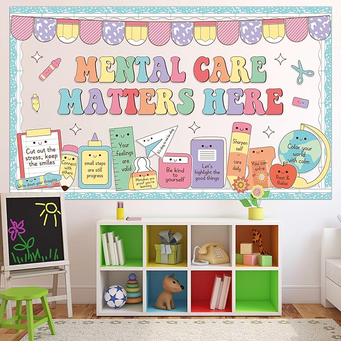 Mental Health Stationery Bulletin Board Decorations Set Pastel Mental Care Matters Here Classroom Decor Back to School Positive Paper Cutouts for School Office Home Teacher Classroom Wall Supplies