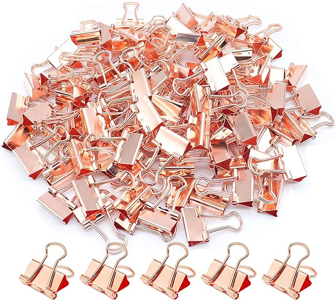 Rose Gold Binder Clips, Mini Paper Clip, Small Paper Clamps 15mm (5/8 inch), 100 Pack Micro Size Office Clips for Home School and Business (Rose Gold)