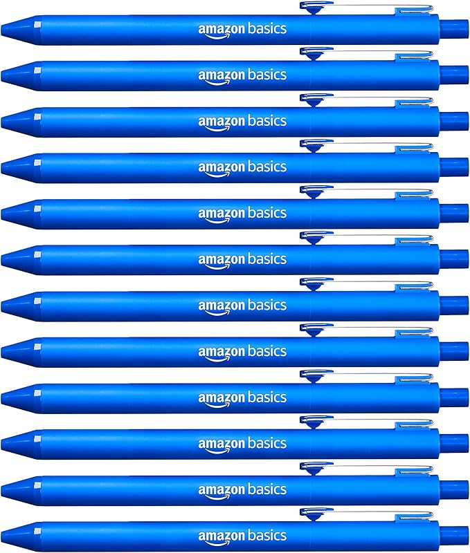 Amazon Basics Retractable Ballpoint Pens with Comfortable Grip for Smooth Writing, Blue Ink, Office and School Supplies, 12-Pack