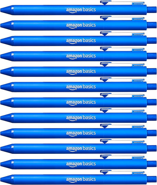 Amazon Basics Retractable Ballpoint Pens with Comfortable Grip for Smooth Writing, Blue Ink, Office and School Supplies, 12-Pack