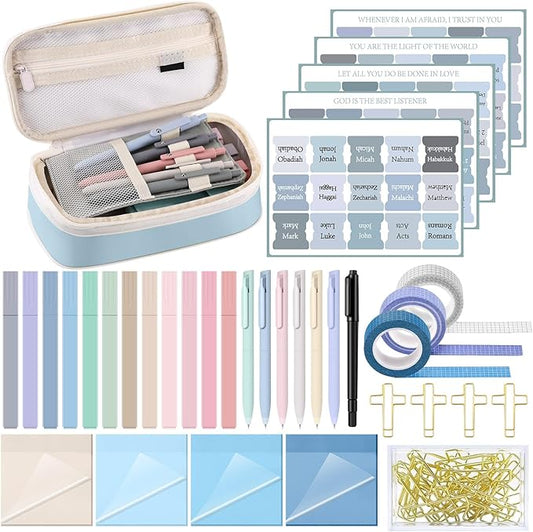 137 Pcs Bible Study Supplies Journaling Kit 1 Pencil Case 12 Highlighters 4 Sticky Notes 6 Gel Pens 35 Paper Clips 3 Tapes 1 Markers 75 Tabs for Christmas Bible School Gifts(Blue)
