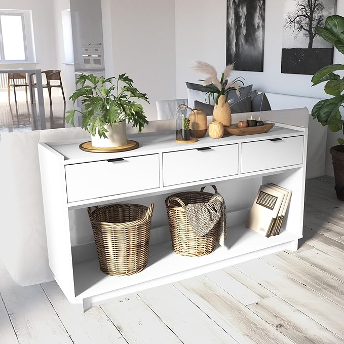 Prepac White Simply Modern Entryway Table, Narrow Console Table with 3 Drawers, Media Console with Storage, 15.75" D x 60.25" W x 32" H
