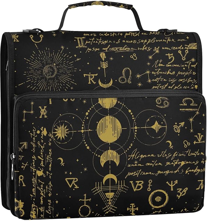 3 Ring Zipper Binder with Shoulder Strap Sun Moon Astrology Boho 1.5 inch Binders Keeper Large Capacity Multi Pockets for School Office Supplies