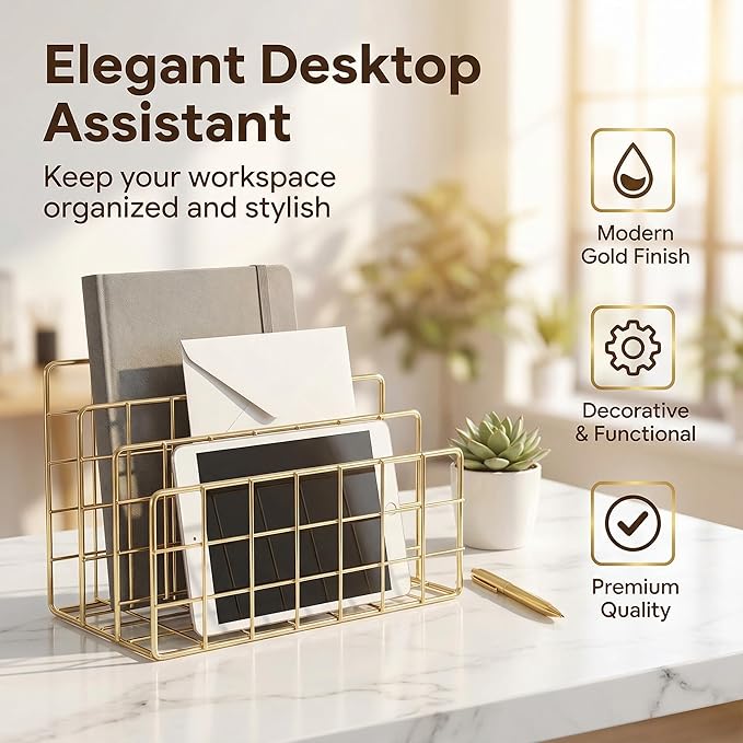 Simmer Stone Letter SorterOrganizer for Desk, Premium Plated Metal Mail Holder, 3-Slot Ultra-Stable Non-Wobbling Desktop Organizer for Envelopes, Documents, Palettes, 9.5 x 4.7 x 6 Inche, Gold