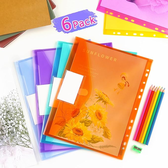 Tamaki 6 Pack Binder Pocket Folders, Binder Folders with Pockets for School Supplies, Letter Size, 11 Holes, Colorful
