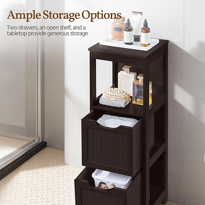 Yaheetech Bathroom Floor Cabinet, Wooden Storage Cabinet with 2 Drawers and 1 Shelf, Multifunctional Side Organizer Rack Stand Table, D11.8xW11.8xH35 Inches Espresso
