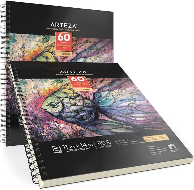 ARTEZA Mixed Media Sketchbook, 11x14 Inches – 12-Pack, 60 Spiral-Bound Sheets, 110 lb Acid-Free Paper for Wet & Dry Media: Acrylic, Ink & Pencil
