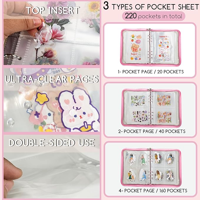 5-in-1 Sticker Organizer Book Reusable A5 Storage Binder with 220 Pockets,10 Release Papers, Zipper Album Sticker Collecting Display Keeper (Pink)