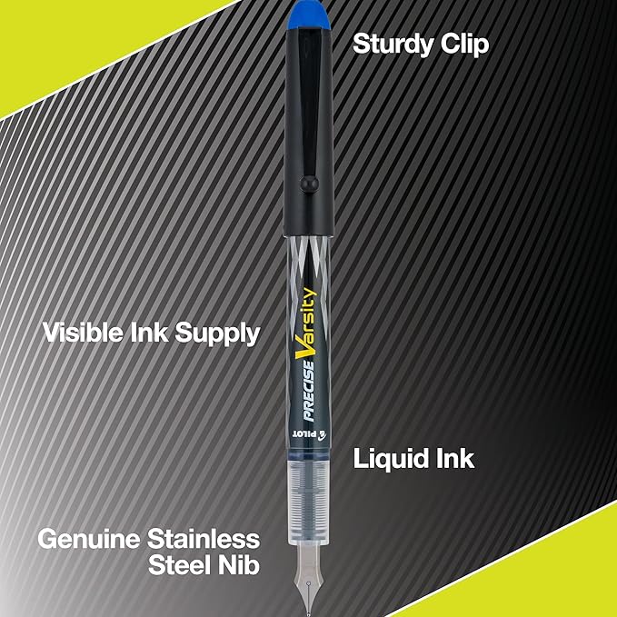 PILOT Pen 90029 Precise Varsity Pre-Filled Fountain Pens,Medium Point Stainless Steel Nib,Black/Blue/Red/Pink/Green/Purple/Turquoise,Pouch,7 Count (Pack of 2)