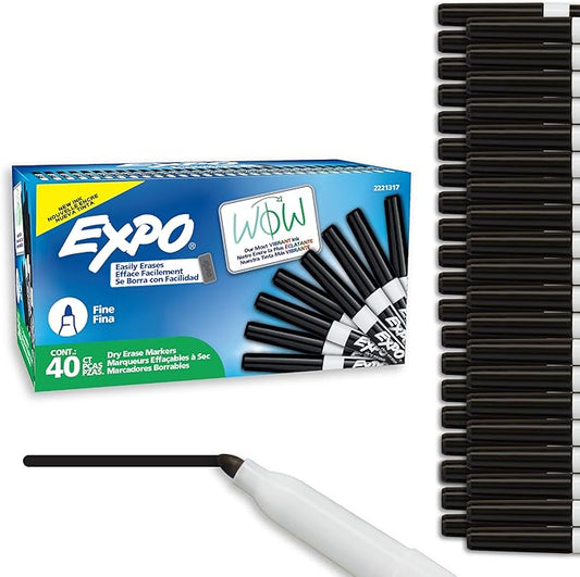 EXPO Dry Erase Markers, Low Odor Ink, Black, Fine Tip, 40 Count - Whiteboard, Calendar, Organization, Essential Supplies for Office, School, Classroom, Teachers