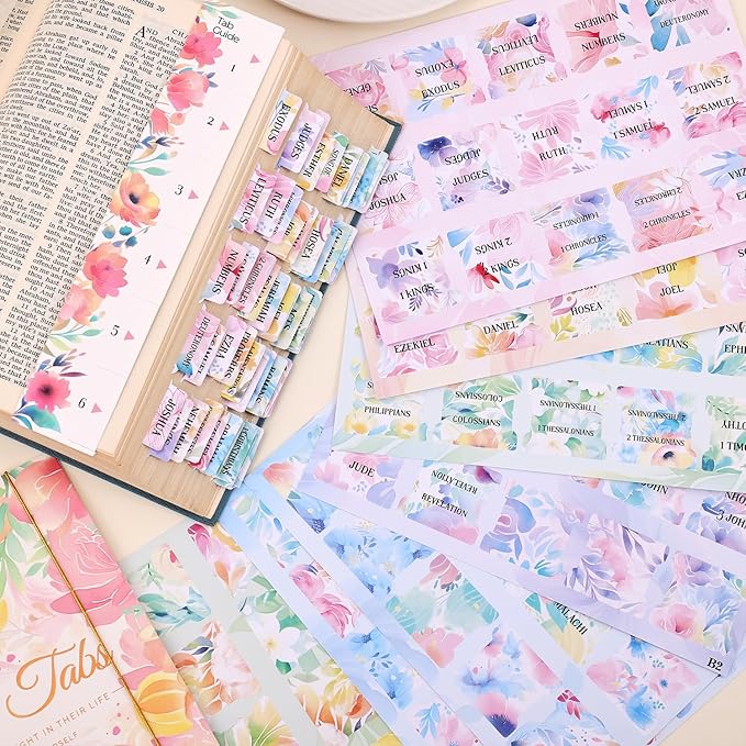 Bible Tabs for Women, 66 Large Print Laminated Bibles Chapters Index Tabs and 39 Blank Dividers Sticky Labels, Cute Beauty Bloom Bible Study Supplies, Journaling Accessories, Christian Gifts for Men