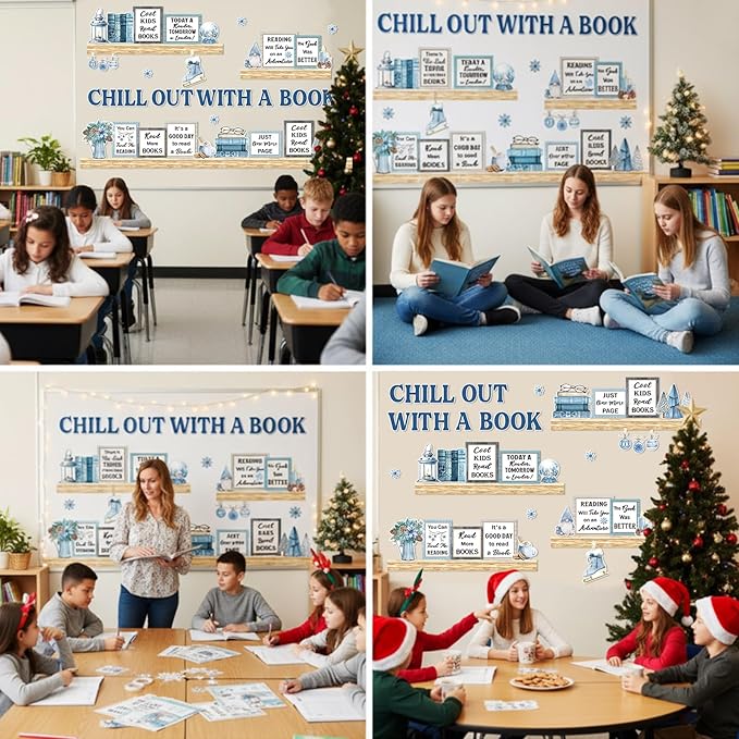 Qilery Winter Reading Bulletin Board Set – Christmas Classroom Decorations with Snowflakes & Book Quotes, Holiday Literacy Wall Decor for Teachers, School Library, Seasonal Reading Corner Display