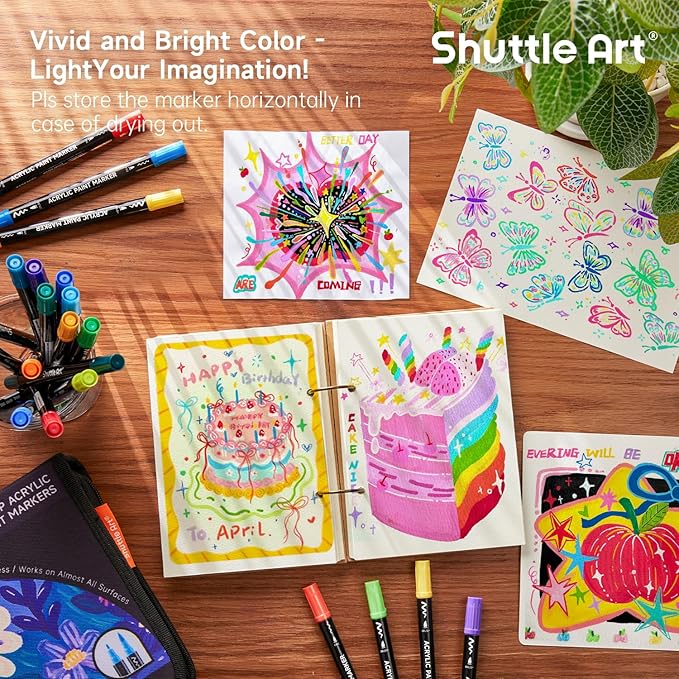 Shuttle Art 80 Colors Dual Tip Acrylic Paint Markers, Brush Tip and Fine Tip Acrylic Paint Pens for Rock, Ceramic, Wood, Canvas, Plastic, Glass, Stone, Calligraphy, Card Making, Crafts & Nail Art
