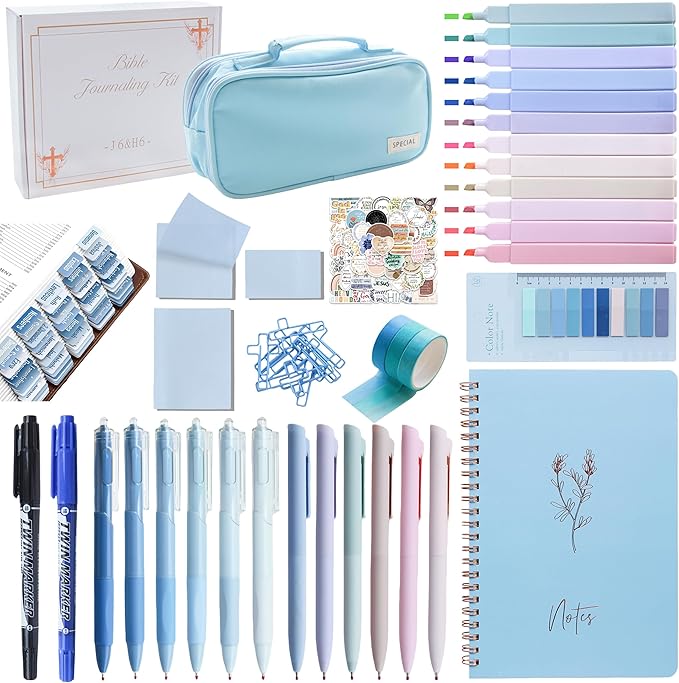 J6&H6 Complete Bible Study Supplies Journaling Kit with Tabs, Highlighters and Color Pens, Notebook,Stickers & More 56pcs Bible Accessories Set for Women, Beginner Christian Gifts(Blue)
