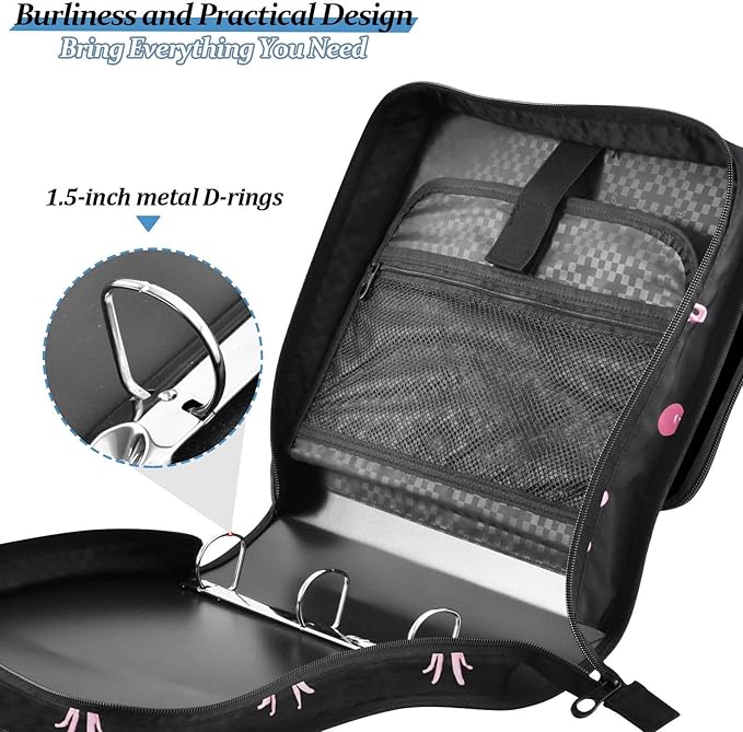 Black Pink Bow Cherry Zipper Binder Bag 3 Ring Binder with Shoulder Strap Zip Up 500 Sheets Capacity Multi Pockets for School Office Supplies